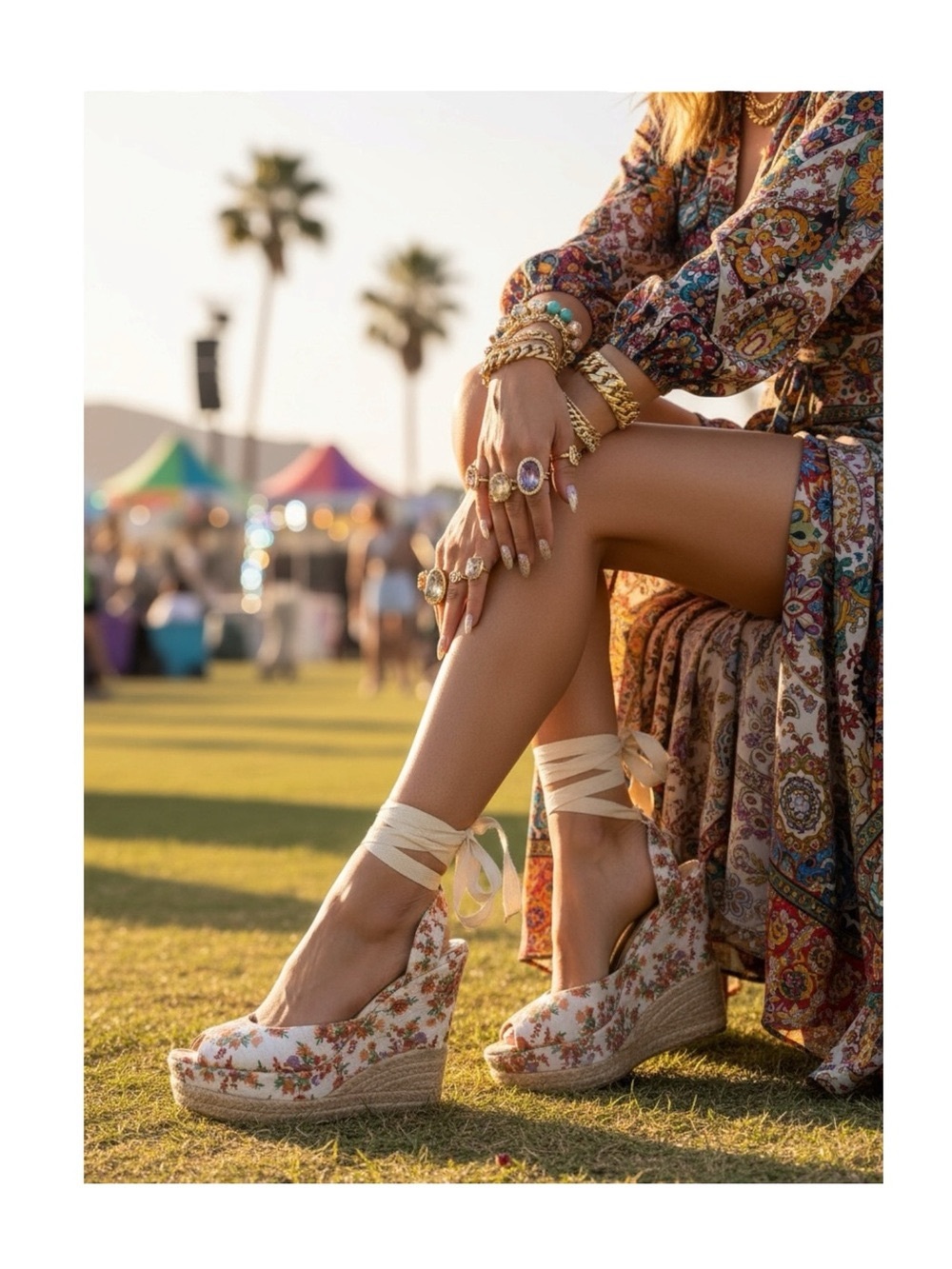 new Sergio Zelcer ❀ Platform Ankle Wrap Floral Print Sandal Espadrilles ❀ Cream